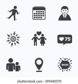 Calendar, like counter and go to web icons. Businessman person icon. Group of people symbol. Man love Woman or Lovers sign. Caution slippery. Location pointer.