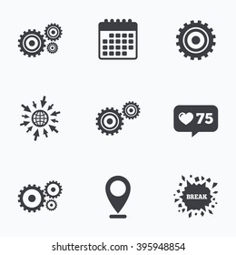 Calendar, like counter and go to web icons. Cogwheel gear icons. Mechanism symbol. Website or App settings sign. Working process performance. Location pointer.