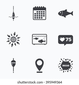 Calendar, like counter and go to web icons. Fishing icons. Fish with fishermen hook sign. Float bobber symbol. Aquarium icon. Location pointer.
