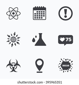 Calendario, como contador y vaya a iconos web. Iconos de atención y riesgo biológico. Signo de frasco de química. Símbolo del átomo. puntero de Locación.