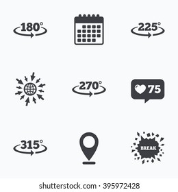 Calendar, like counter and go to web icons. Angle 180-315 degrees icons. Geometry math signs symbols. Full complete rotation arrow. Location pointer.