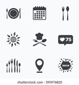 Calendar, like counter and go to web icons. Plate dish with forks and knifes icons. Chief hat sign. Crosswise cutlery symbol. Dessert fork. Location pointer.