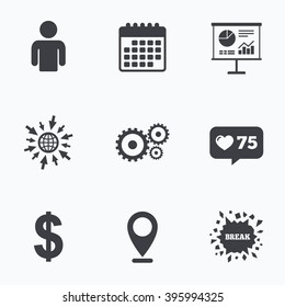Calendar, like counter and go to web icons. Business icons. Human silhouette and presentation board with charts signs. Dollar currency and gear symbols. Location pointer.