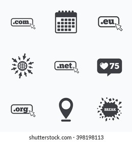 Calendar, like counter and go to web icons. Top-level internet domain icons. Com, Eu, Net and Org symbols with cursor pointer. Unique DNS names. Location pointer.