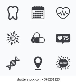 Calendar, like counter and go to web icons. Maternity icons. Pills, tooth, DNA and heart cardiogram signs. Heartbeat symbol. Deoxyribonucleic acid. Dental care. Location pointer.