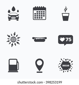 Calendar, like counter and go to web icons. Petrol or Gas station services icons. Automated car wash signs. Hotdog sandwich and hot coffee cup symbols. Location pointer.