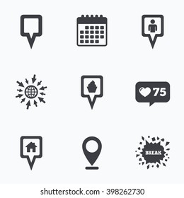 Calendar, like counter and go to web icons. Map square pointer icons. Home, food and user location symbols. Restaurant and cupcake signs. You are here. Location pointer.