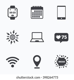 Calendar, like counter and go to web icons. Notebook and smartphone icons. Smart watch symbol. Wi-fi and battery energy signs. Wireless Network symbol. Mobile devices. Location pointer.