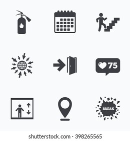 Calendar, like counter and go to web icons. Emergency exit icons. Fire extinguisher sign. Elevator or lift symbol. Fire exit through the stairwell. Location pointer.