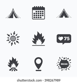 Calendar, like counter and go to web icons. Tourist camping tent icons. Fire flame sign symbols. Location pointer.