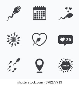 Calendar, like counter and go to web icons. Sperm icons. Fertilization or insemination signs. Safe love heart symbol. Location pointer.