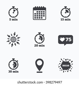 Calendar, like counter and go to web icons. Timer icons. 5, 15, 20 and 30 minutes stopwatch symbols. Location pointer.