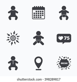 Calendar, like counter and go to web icons. Newborn icons. Baby infant or toddler symbols. Child silhouette. Location pointer.