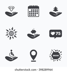 Calendar, like counter and go to web icons. Helping hands icons. Protection and insurance symbols. Financial money savings, save forest. Diamond brilliant sign. Disabled human. Location pointer.