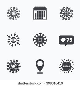 Calendar, like counter and go to web icons. Snowflakes artistic icons. Air conditioning signs. Christmas and New year winter symbols. Frozen weather. Location pointer.