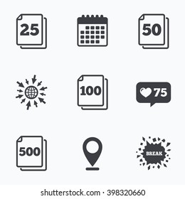 Calendar, like counter and go to web icons. In pack sheets icons. Quantity per package symbols. 25, 50, 100 and 500 paper units in the pack signs. Location pointer.