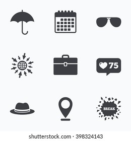 Calendar, like counter and go to web icons. Clothing accessories icons. Umbrella and sunglasses signs. Headdress hat with business case symbols. Location pointer.