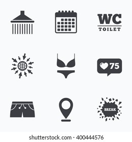 Calendar, like counter and go to web icons. Swimming pool icons. Shower water drops and swimwear symbols. WC Toilet sign. Trunks and women underwear. Location pointer.