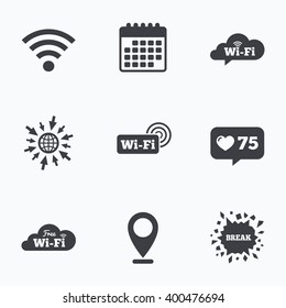 Calendar, like counter and go to web icons. Free Wifi Wireless Network cloud speech bubble icons. Wi-fi zone sign symbols. Location pointer.