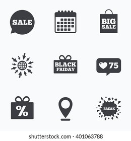 Calendar, like counter and go to web icons. Sale speech bubble icon. Black friday gift box symbol. Big sale shopping bag. Discount percent sign. Location pointer.