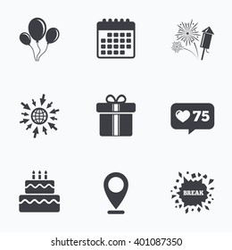 Calendar, like counter and go to web icons. Birthday party icons. Cake and gift box signs. Air balloons and fireworks symbol. Location pointer.