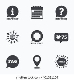 Calendar, like counter and go to web icons. Help point icons. Question and information symbols. FAQ speech bubble signs. Location pointer.