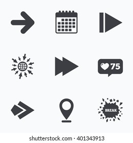 Calendar, like counter and go to web icons. Arrow icons. Next navigation arrowhead signs. Direction symbols. Location pointer.