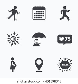 Calendar, like counter and go to web icons. Businessman with umbrella icon. Human running symbol. Man love Woman or Lovers sign. Women Pregnancy. Life insurance. Location pointer.