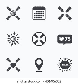 Calendar, like counter and go to web icons. Teamwork icons. Helping Hands with globe and heart symbols. Group of employees working together. Location pointer.