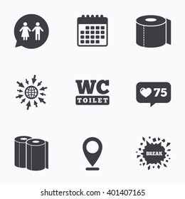 Calendar, like counter and go to web icons. Toilet paper icons. Gents and ladies room signs. Paper towel or kitchen roll. Man and woman symbols. Location pointer.