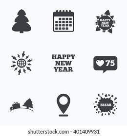 Calendar, like counter and go to web icons. Happy new year icon. Christmas trees signs. World globe symbol. Location pointer.