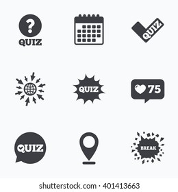 Calendar, like counter and go to web icons. Quiz icons. Speech bubble with check mark symbol. Explosion boom sign. Location pointer.