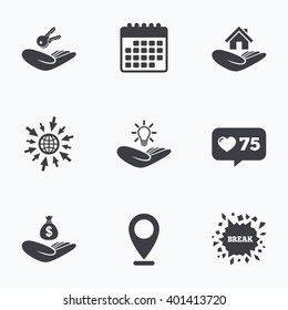 Calendar, like counter and go to web icons. Helping hands icons. Financial money savings insurance symbol. Home house or real estate and lamp, key signs. Location pointer.