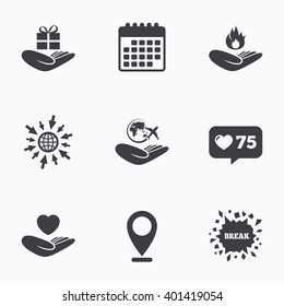 Calendar, like counter and go to web icons. Helping hands icons. Health and travel trip insurance symbols. Gift present box sign. Fire protection. Location pointer.
