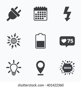 Calendar, like counter and go to web icons. Electric plug icon. Light lamp and battery half symbols. Low electricity and idea signs. Location pointer.