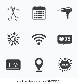 Calendar, like counter and go to web icons. Hotel services icons. Wi-fi, Hairdryer and deposit lock in room signs. Wireless Network. Hairdresser or barbershop symbol. Location pointer.