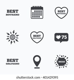 Calendar, like counter and go to web icons. Best boyfriend and girlfriend icons. Heart love signs. Award symbol. Location pointer.