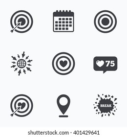 Calendar, like counter and go to web icons. Target aim icons. Darts board with heart and arrow signs symbols. Location pointer.
