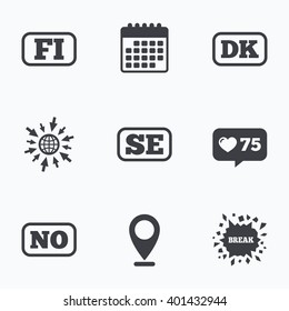 Calendar, like counter and go to web icons. Language icons. FI, DK, SE and NO translation symbols. Finland, Denmark, Sweden and Norwegian languages. Location pointer.