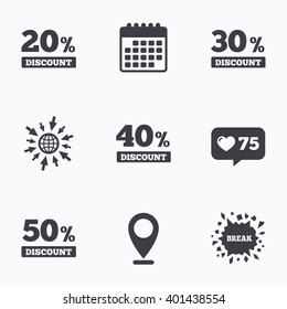 Calendar, like counter and go to web icons. Sale discount icons. Special offer price signs. 20, 30, 40 and 50 percent off reduction symbols. Location pointer.