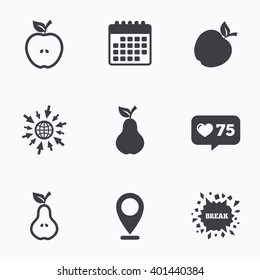 Calendar, like counter and go to web icons. Fruits with leaf icons. Apple and Pear with seeds signs. Natural food symbol. Location pointer.