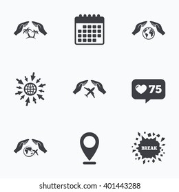 Calendar, like counter and go to web icons. Hands insurance icons. Palm trees symbol. Travel trip flight insurance symbol. World globe sign. Location pointer.