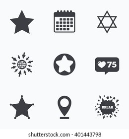 Calendar, like counter and go to web icons. Star of David icons. Sheriff police sign. Symbol of Israel. Location pointer.