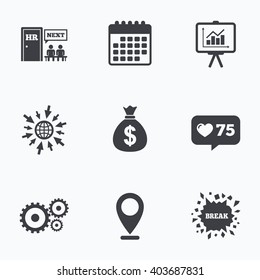 Calendar, like counter and go to web icons. Human resources icons. Presentation board with charts signs. Money bag and gear symbols. Man at the door. Location pointer.