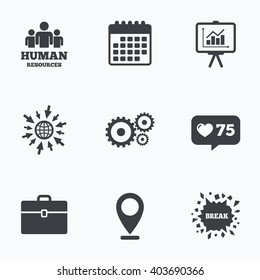 Calendar, like counter and go to web icons. Human resources and Business icons. Presentation board with charts signs. Case and gear symbols. Location pointer.