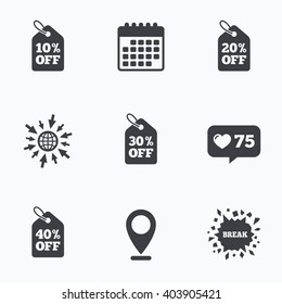 Calendar, like counter and go to web icons. Sale price tag icons. Discount special offer symbols. 10%, 20%, 30% and 40% percent off signs. Location pointer.