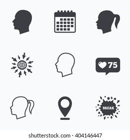 Calendar, like counter and go to web icons. Head icons. Male and female human symbols. Woman with pigtail signs. Location pointer.