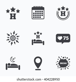 Calendar, like counter and go to web icons. Three stars hotel icons. Travel rest place symbols. Human sleep in bed sign. Location pointer.