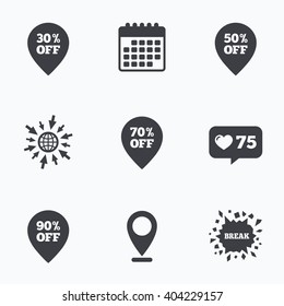 Calendar, like counter and go to web icons. Sale pointer tag icons. Discount special offer symbols. 30%, 50%, 70% and 90% percent off signs. Location pointer.