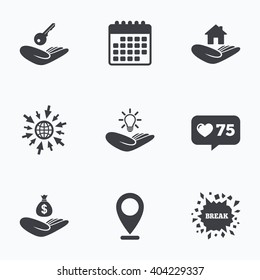 Calendar, like counter and go to web icons. Helping hands icons. Financial money savings insurance symbol. Home house or real estate and lamp, key signs. Location pointer.